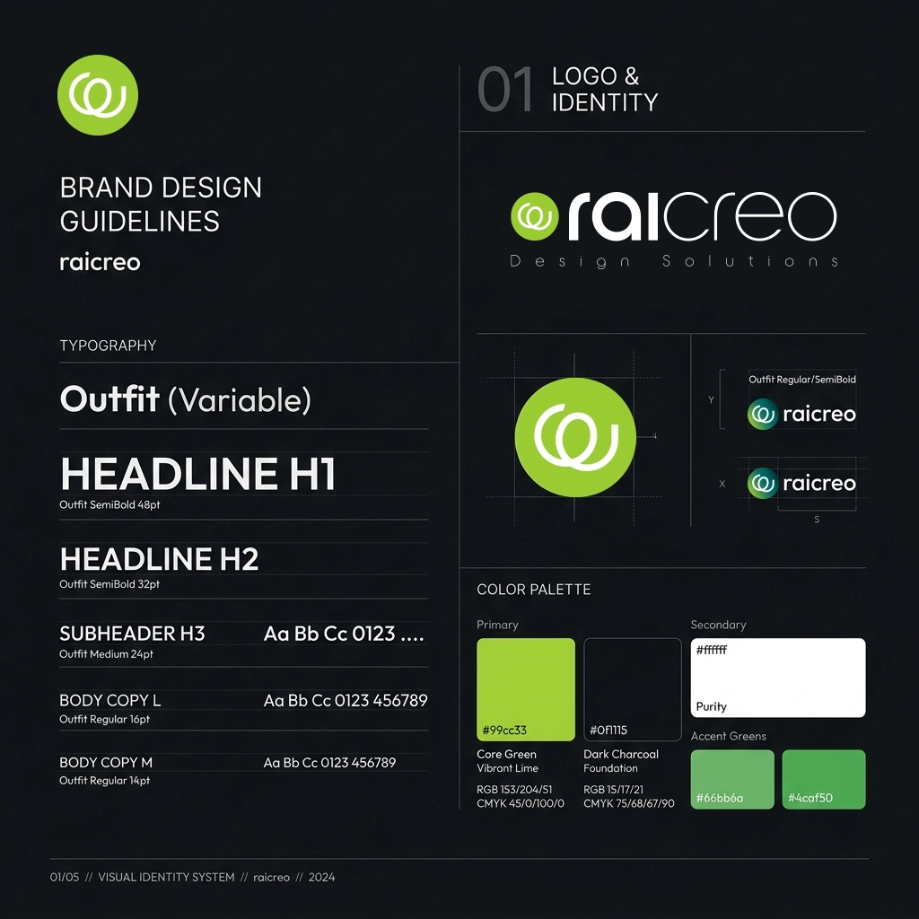 Comprehensive corporate branding kit showcasing logo variations, typography guidelines, and color palettes